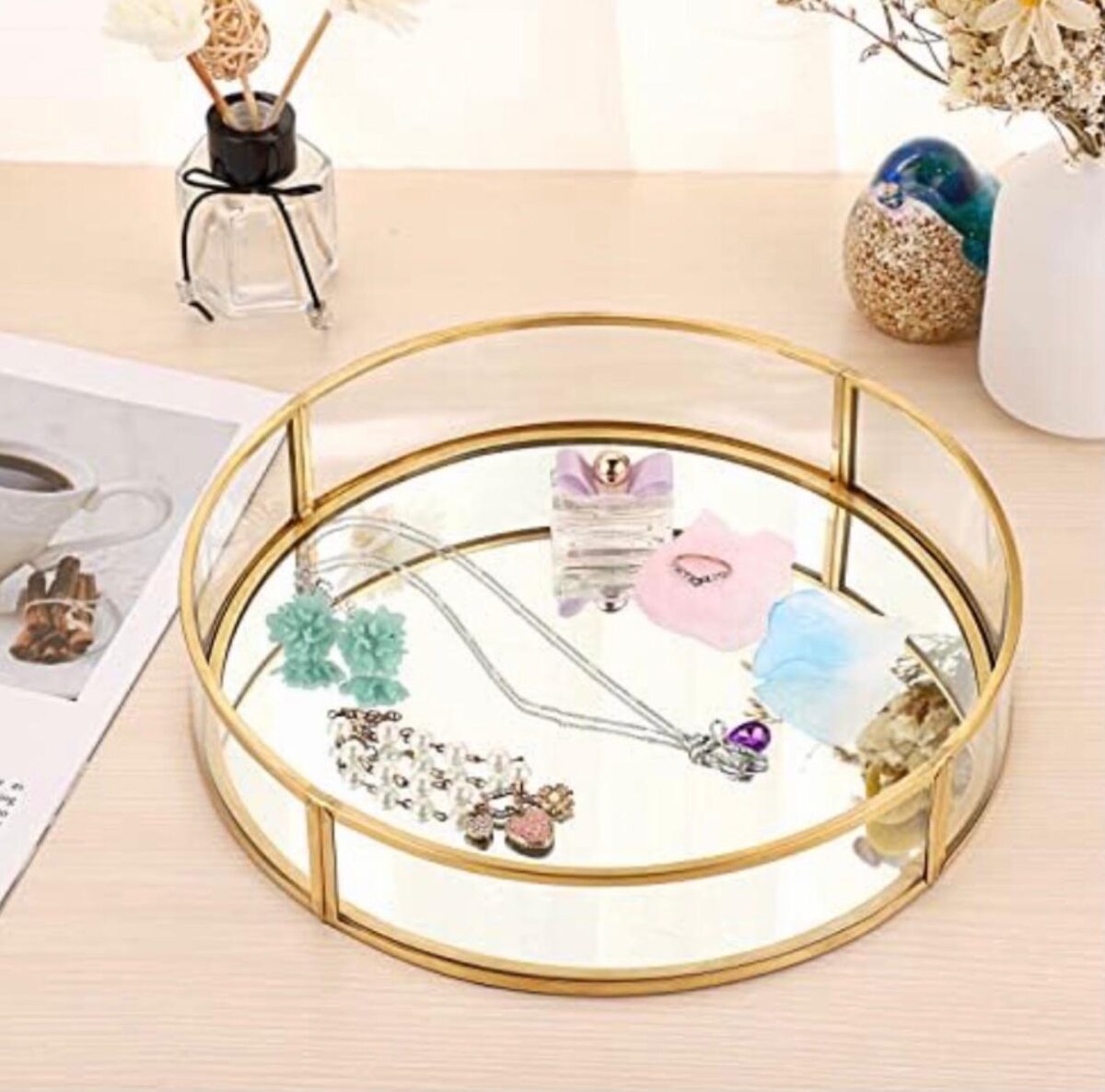 Modern Mirror and Glass Tray for Jewelry Cosmetics or Vanity