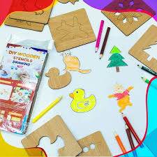 New Kids Wooden Drawing Stencils Kit With Puzzle 24 Pes 12 Inner 12 Outer - Designs Decore