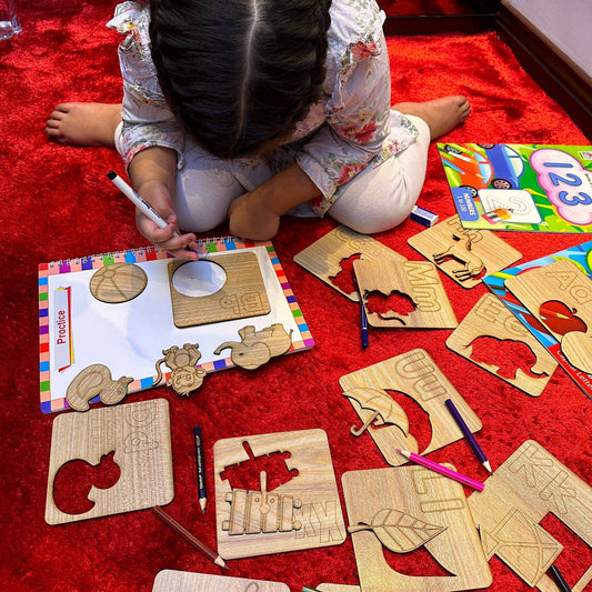 New Kids Wooden Drawing Stencils Kit With Puzzle 24 Pes 12 Inner 12 Outer - Designs Decore