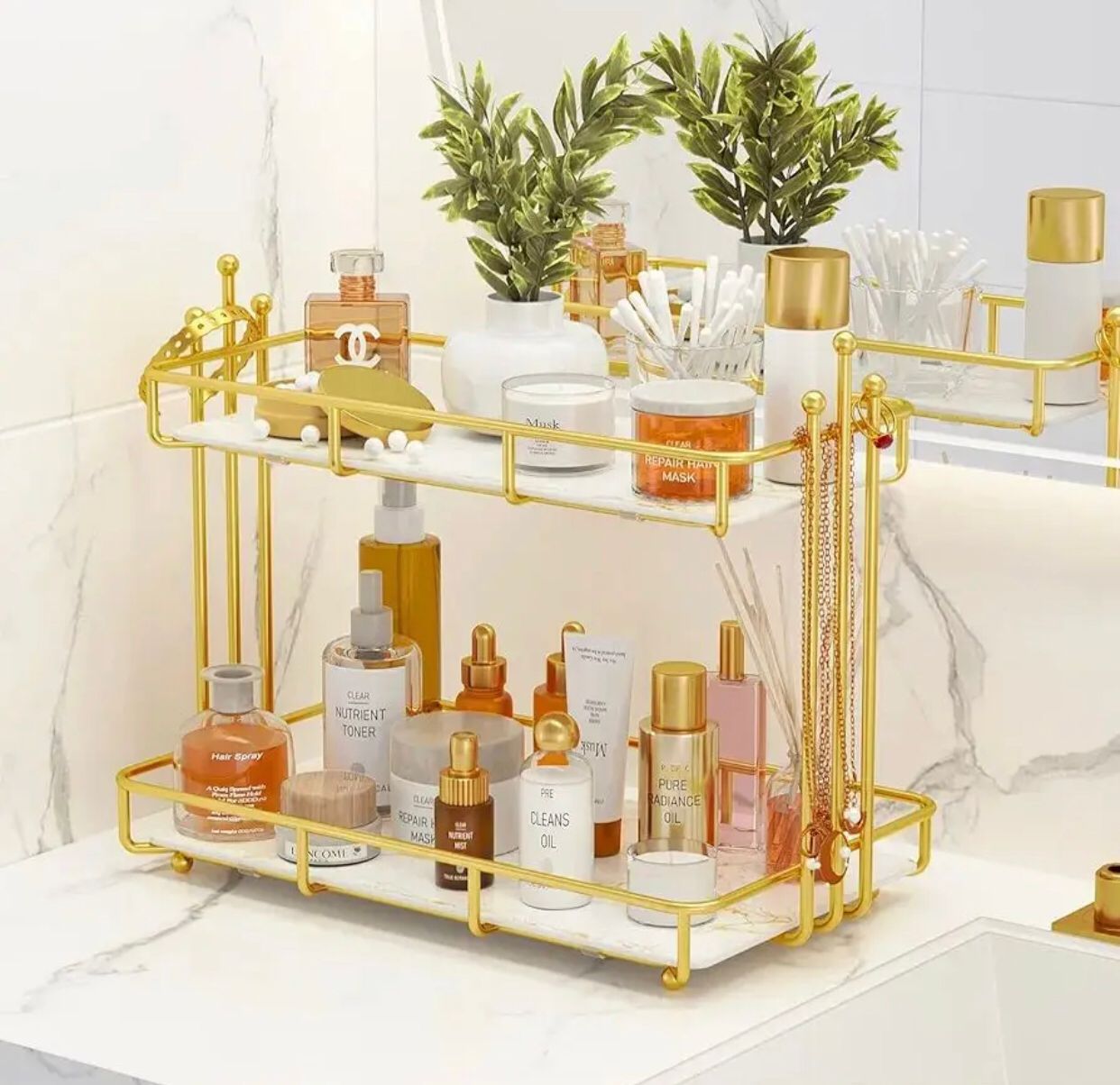 Modern design 2 layer gold cosmetic storage tray